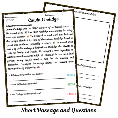 Calvin Coolidge | Short Reading Comprehension Creative Worksheet