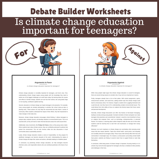 Is climate change education important for teenagers? | Favour and Against Worksheet Printable Activity