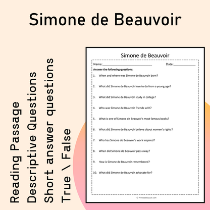 Simone de Beauvoir | Reading Comprehension Passage Printable Activity