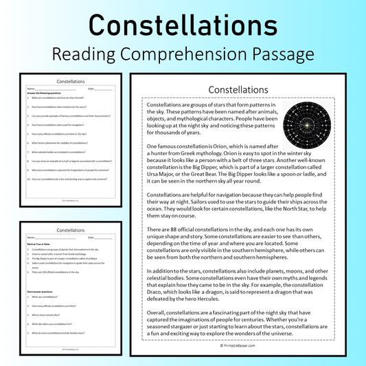 Constellations | Reading Comprehension Passage Printable Worksheet