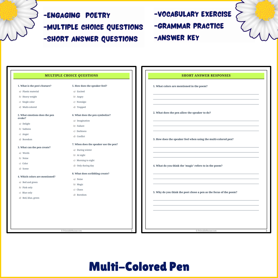 Multi-Colored Pen | Poem Grammar Worksheet Printable Activity