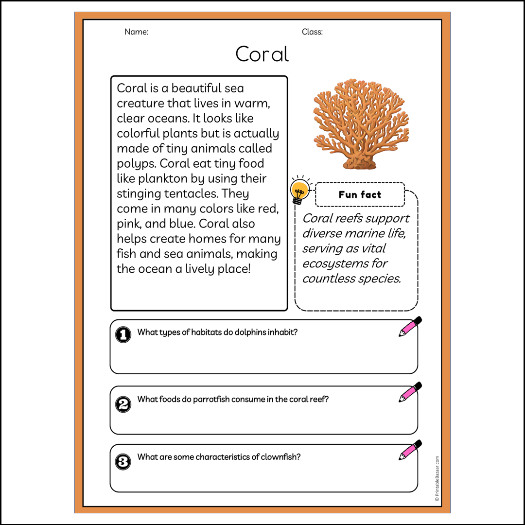 Coral | Reading Passage Comprehension Questions Writing Facts Worksheet