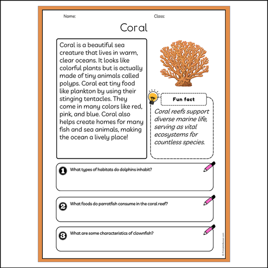 Coral | Reading Passage Comprehension Questions Writing Facts Worksheet