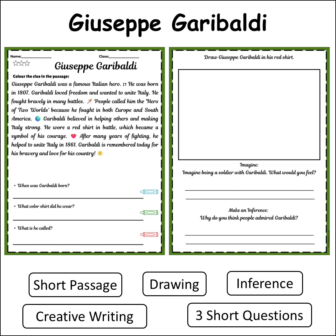 Giuseppe Garibaldi | Short Reading Comprehension Creative Worksheet