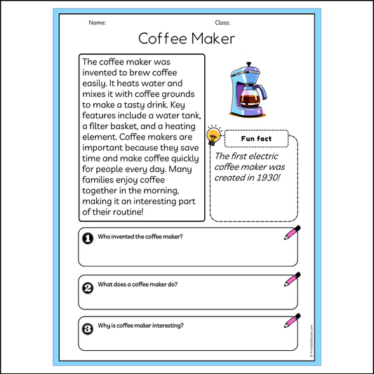 Coffee Maker | Reading Passage Comprehension Questions Writing Facts Worksheet