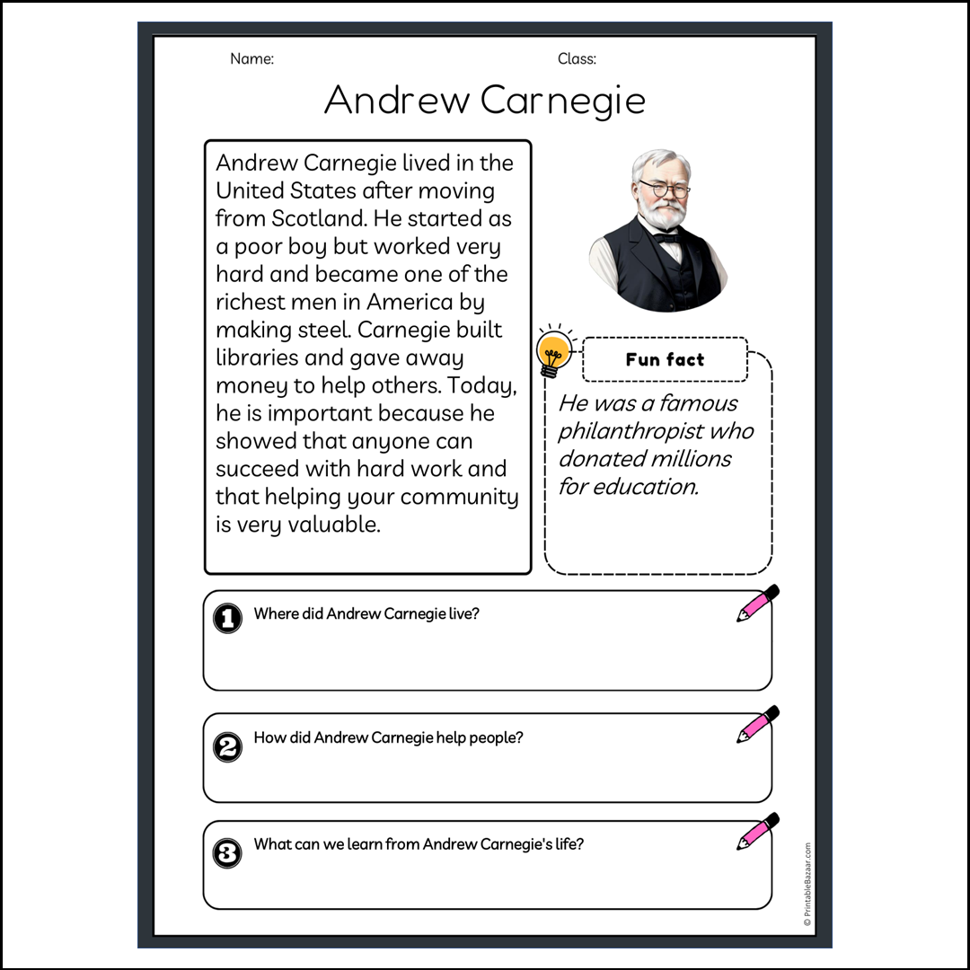 Andrew Carnegie | Reading Passage Comprehension Questions Writing Facts Worksheet