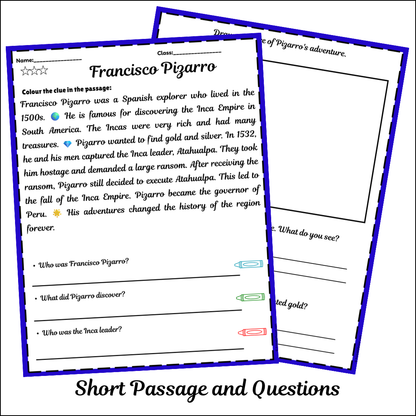 Francisco Pizarro | Short Reading Comprehension Creative Worksheet
