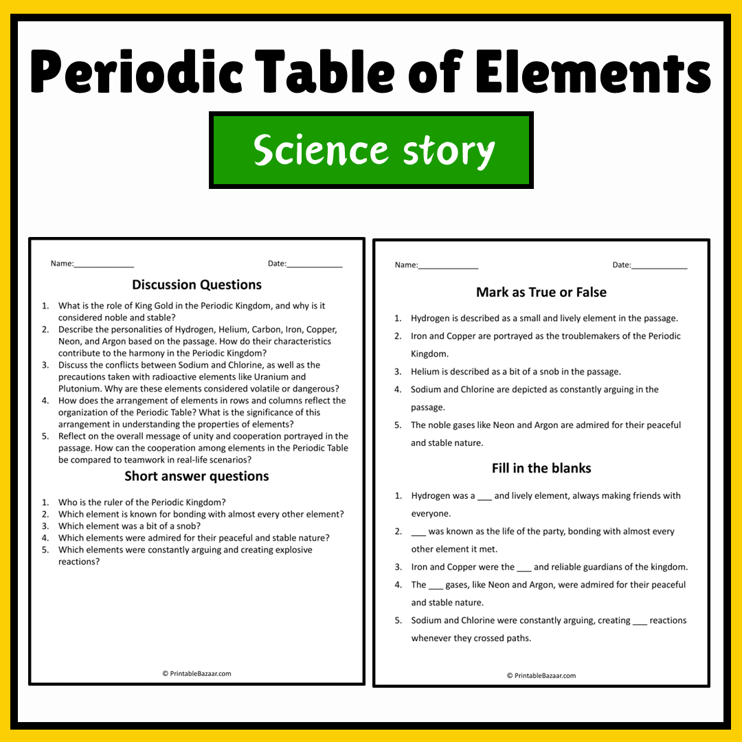 Periodic Table of Elements | Science Story Reading Comprehension Activity