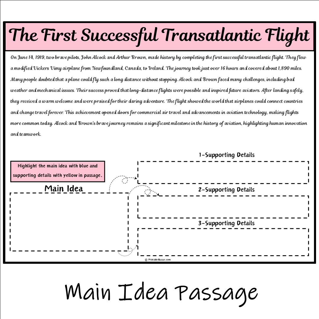 The First Successful Transatlantic Flight | Main Idea and Supporting Details Reading Passage and Questions