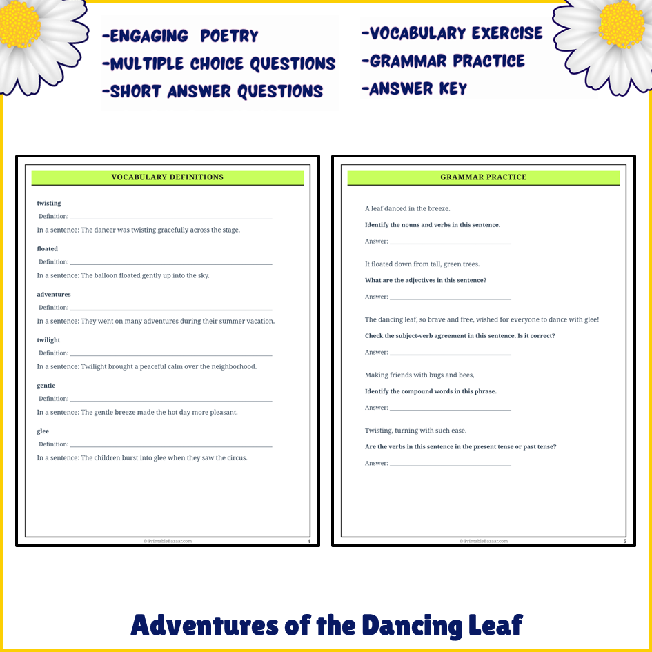 Adventures of the Dancing Leaf | Poem Grammar Worksheet Printable Activity