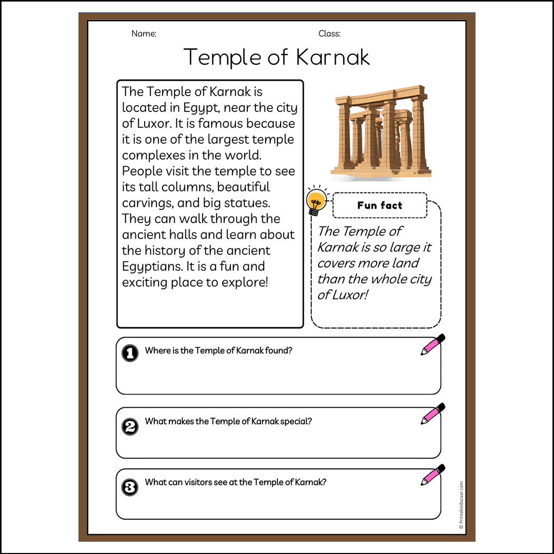 Temple of Karnak | Reading Passage Comprehension Questions Writing Facts Worksheet