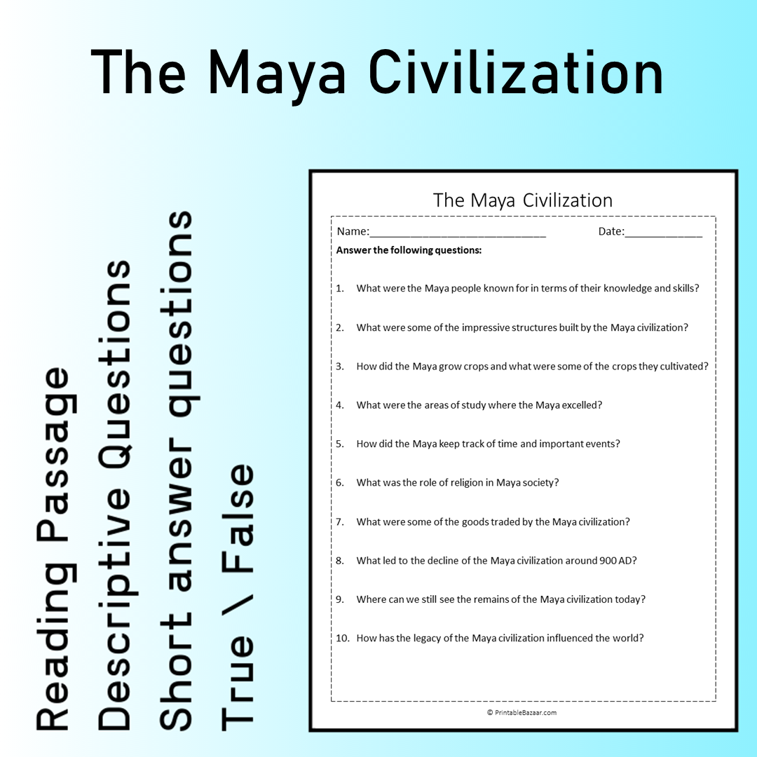 The Maya Civilization | Reading Comprehension Passage Printable Worksheet