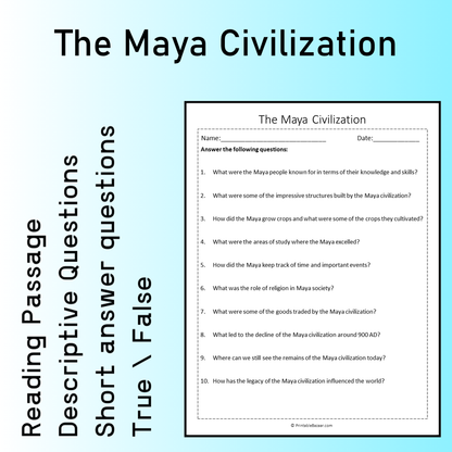 The Maya Civilization | Reading Comprehension Passage Printable Worksheet