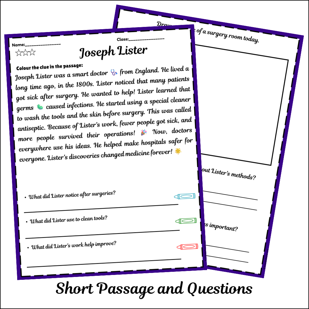 Joseph Lister | Short Reading Comprehension Creative Worksheet