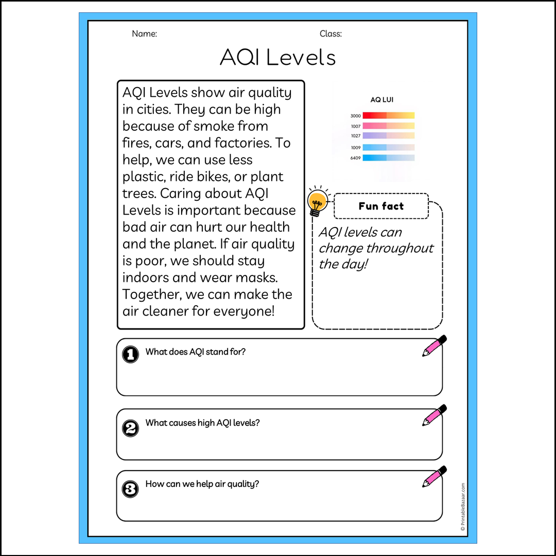 AQI Levels | Reading Passage Comprehension Questions Writing Facts Worksheet