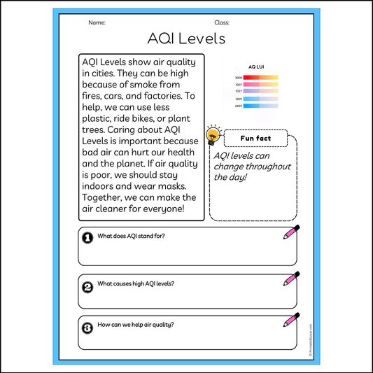 AQI Levels | Reading Passage Comprehension Questions Writing Facts Worksheet