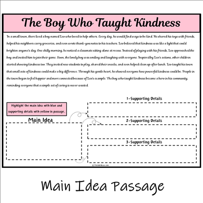 The Boy Who Taught Kindness | Main Idea and Supporting Details Reading Passage and Questions