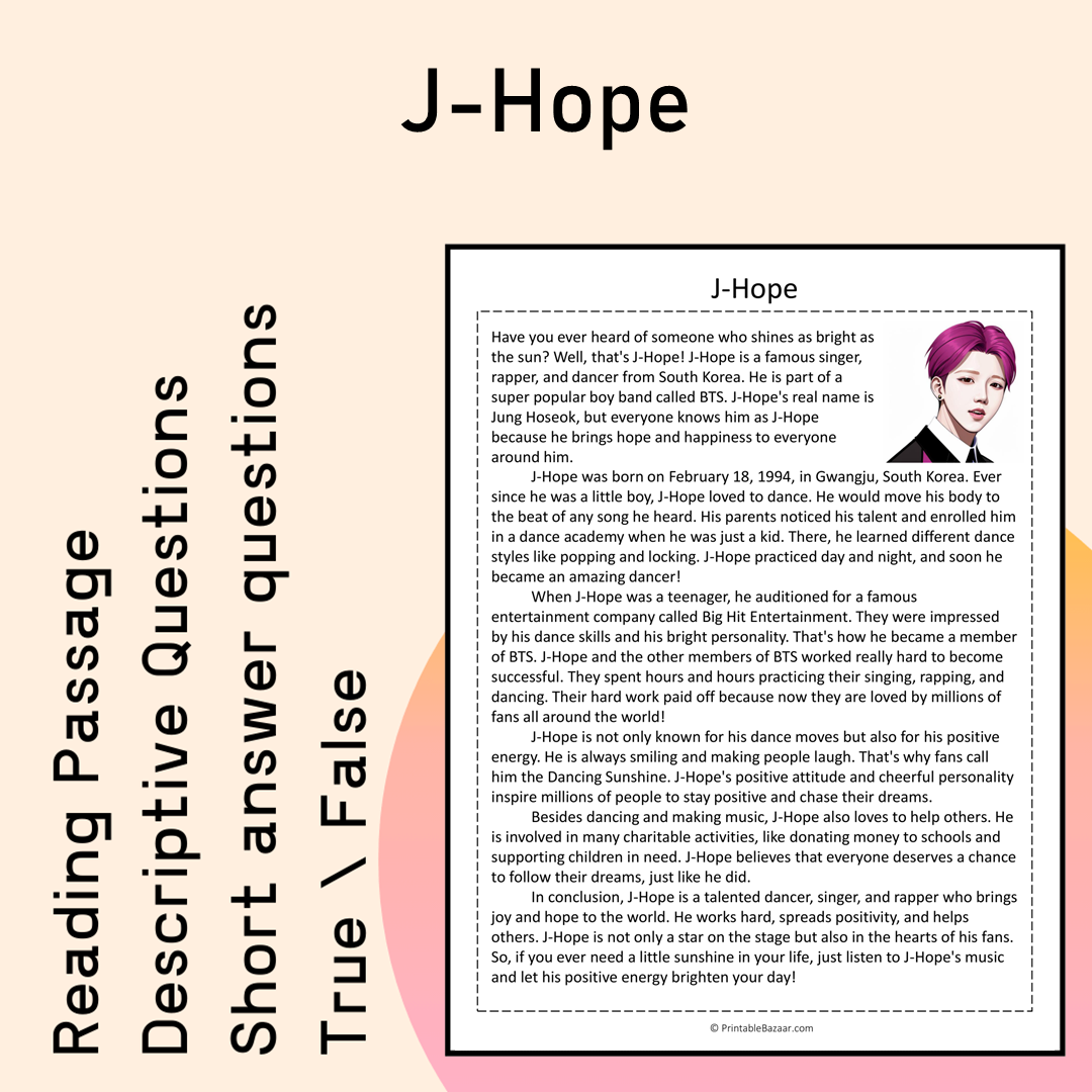 J-Hope | Reading Comprehension Passage Printable Activity
