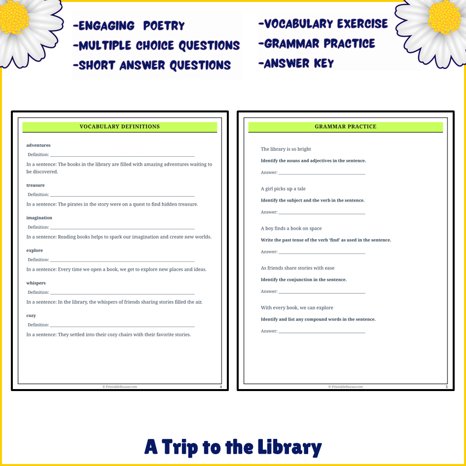 A Trip to the Library | Poem Grammar Worksheet Printable Activity