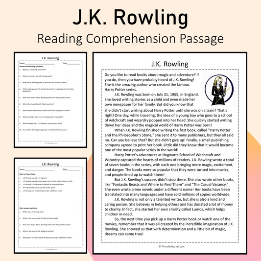 J.K. Rowling | Reading Comprehension Passage Printable Activity