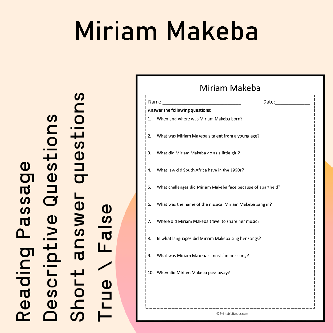 Miriam Makeba | Reading Comprehension Passage Printable Activity