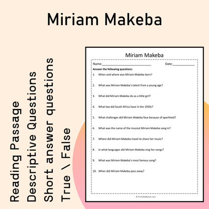 Miriam Makeba | Reading Comprehension Passage Printable Activity