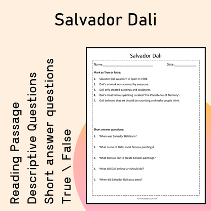 Salvador Dali | Reading Comprehension Passage Printable Activity