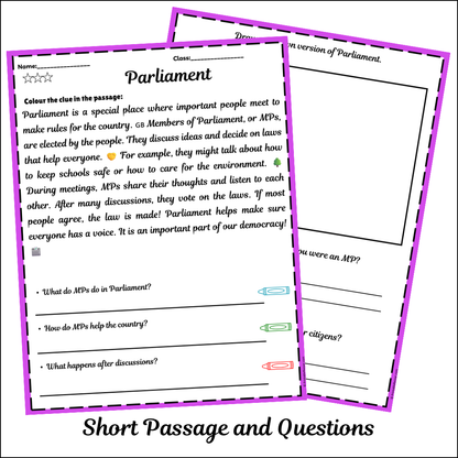 Parliament | Short Reading Comprehension Creative Worksheet