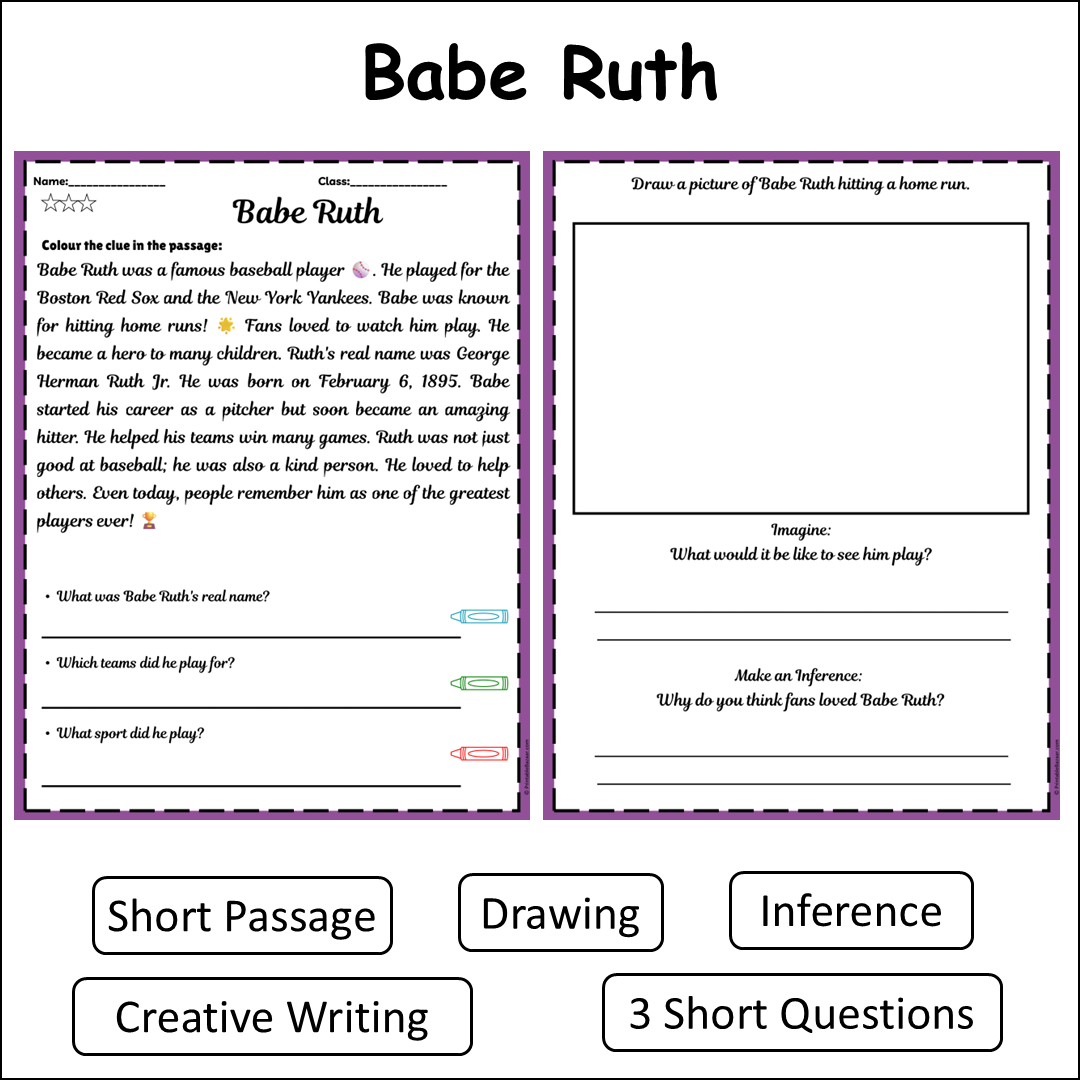 Babe Ruth | Short Reading Comprehension Creative Worksheet