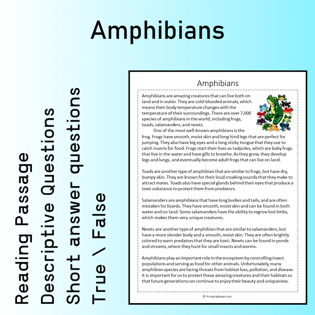 Amphibians | Reading Comprehension Passage Printable Worksheet