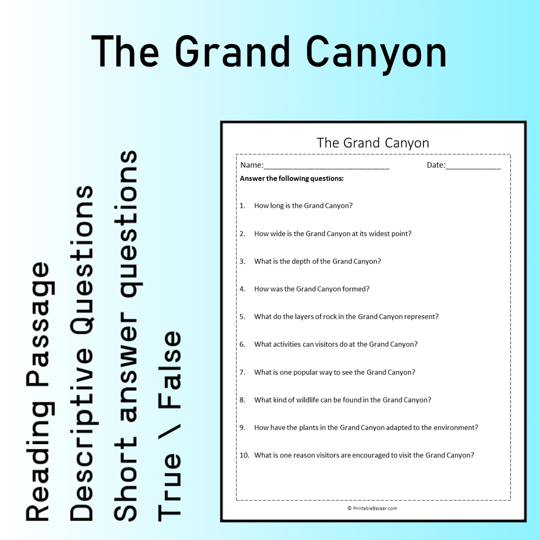 The Grand Canyon | Reading Comprehension Passage Printable Worksheet