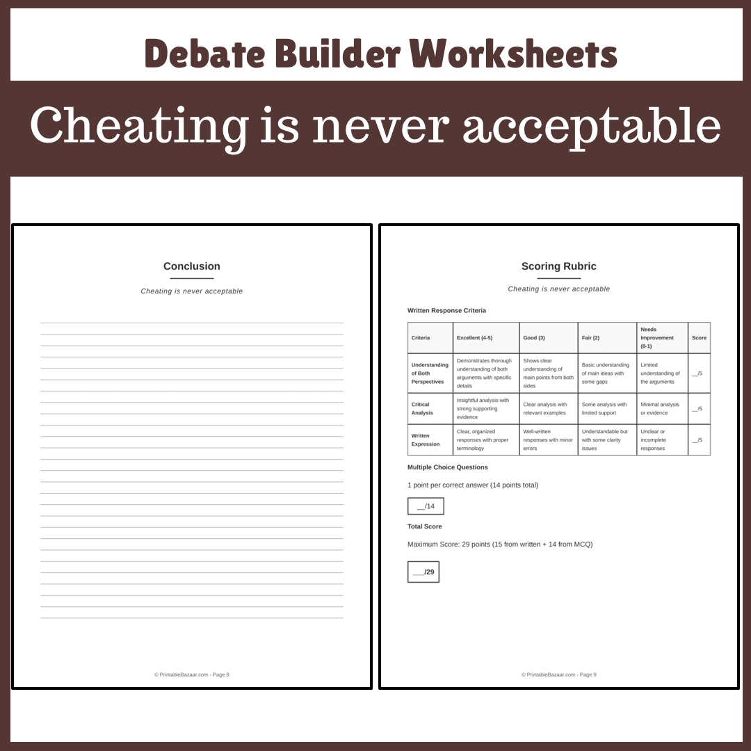 Cheating is never acceptable | Favour and Against Worksheet Printable Activity