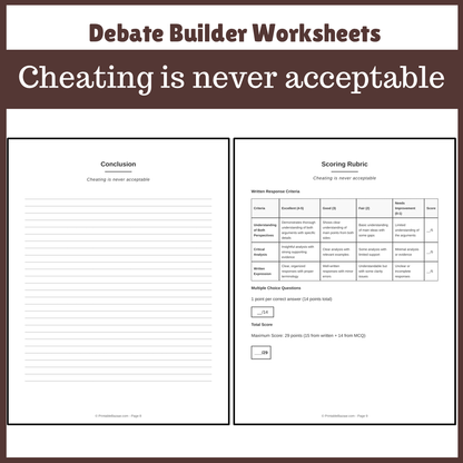 Cheating is never acceptable | Favour and Against Worksheet Printable Activity