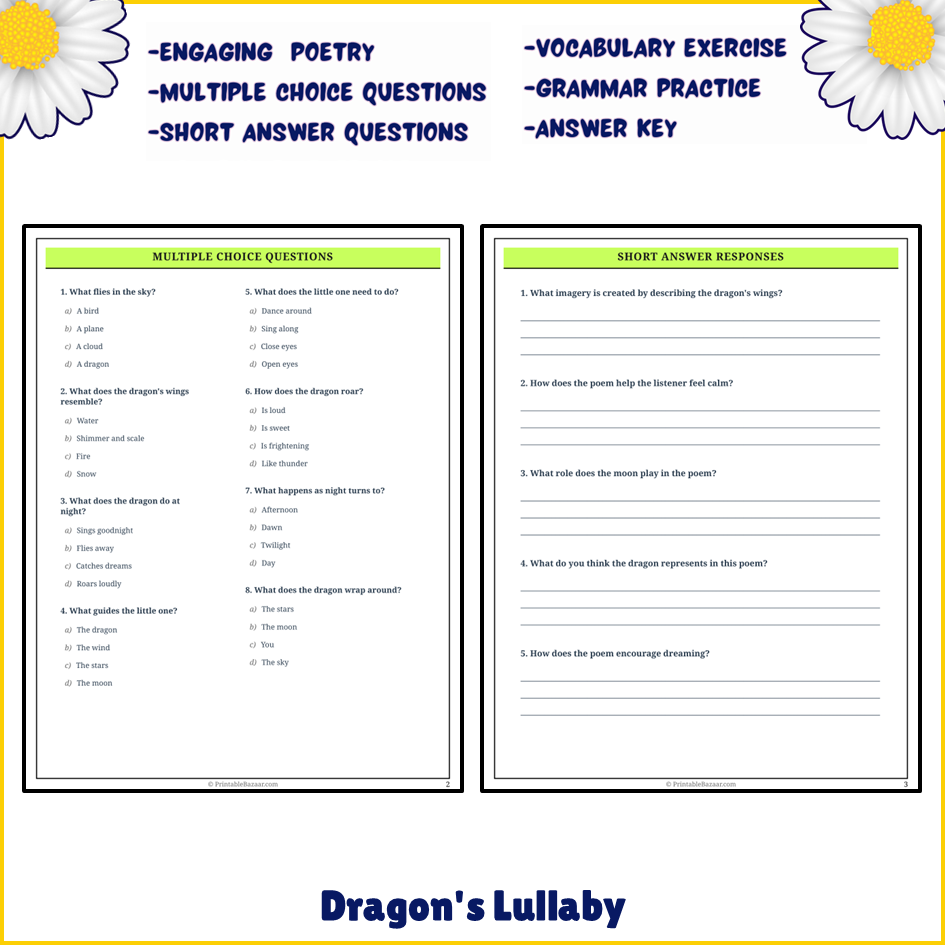 Dragon's Lullaby | Poem Grammar Worksheet Printable Activity