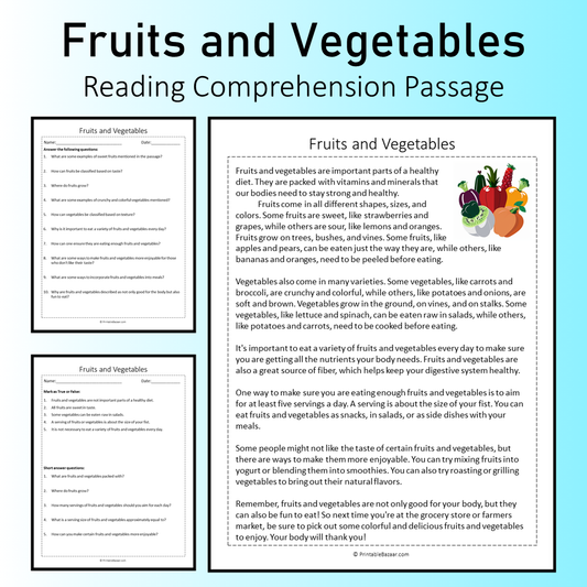 Fruits and Vegetables | Reading Comprehension Passage Printable Worksheet