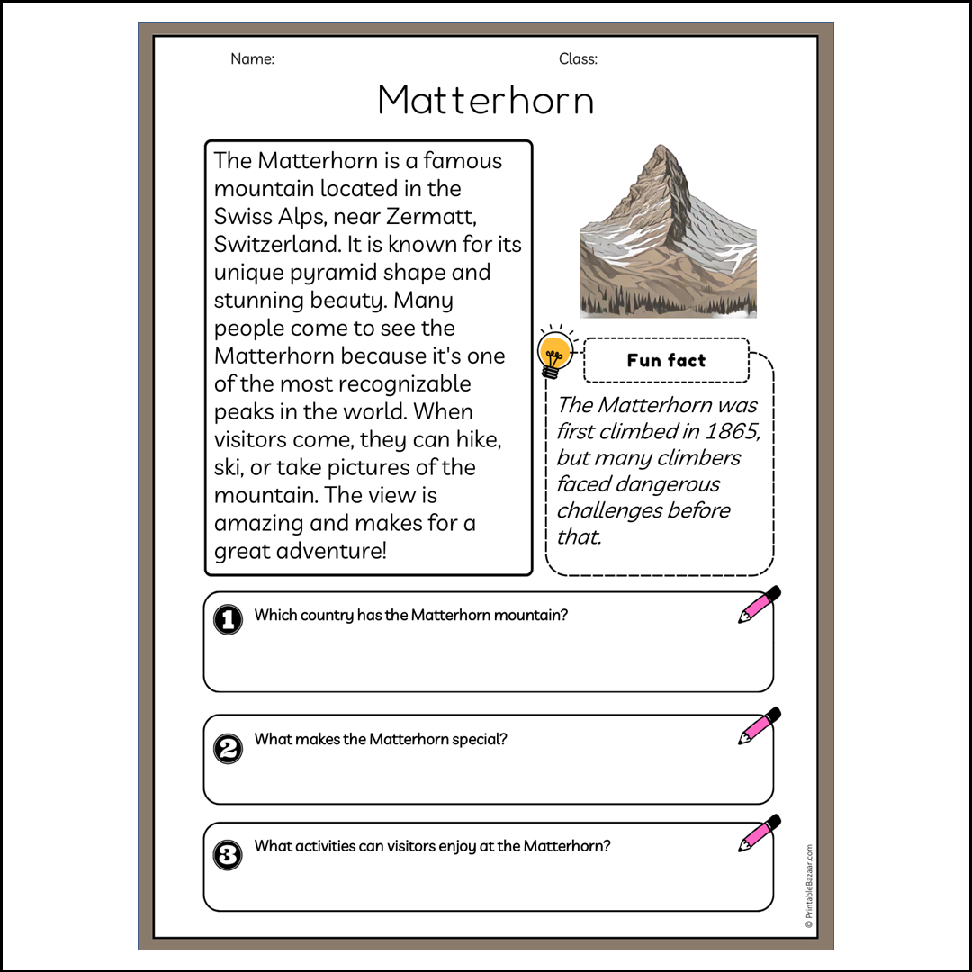 Matterhorn | Reading Passage Comprehension Questions Writing Facts Worksheet