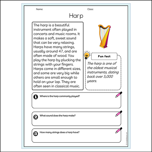 Harp | Reading Passage Comprehension Questions Writing Facts Worksheet