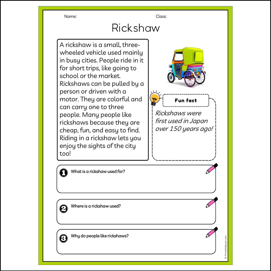 Rickshaw | Reading Passage Comprehension Questions Writing Facts Worksheet