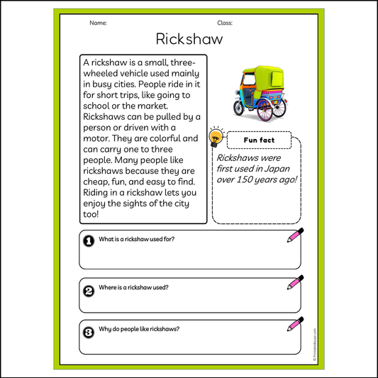 Rickshaw | Reading Passage Comprehension Questions Writing Facts Worksheet