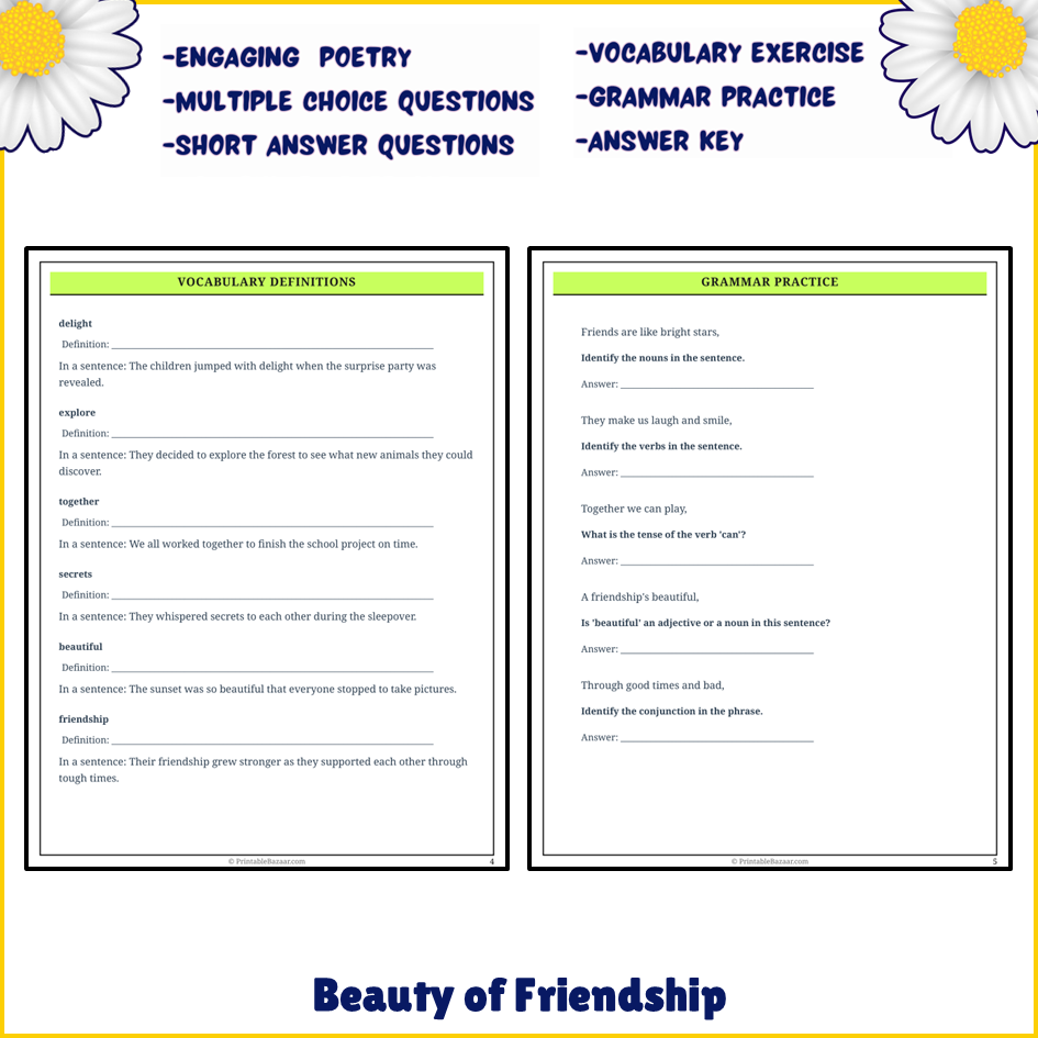 Beauty of Friendship | Poem Grammar Worksheet Printable Activity