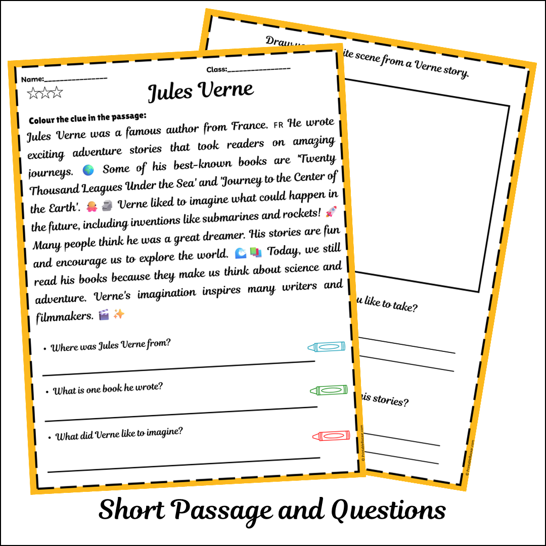 Jules Verne | Short Reading Comprehension Creative Worksheet