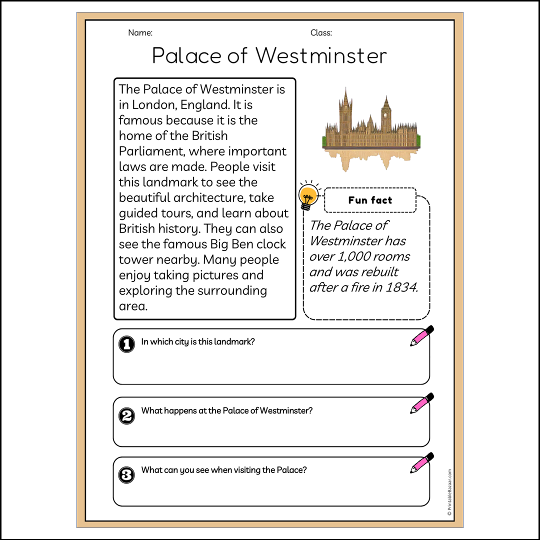 Palace of Westminster | Reading Passage Comprehension Questions Writing Facts Worksheet