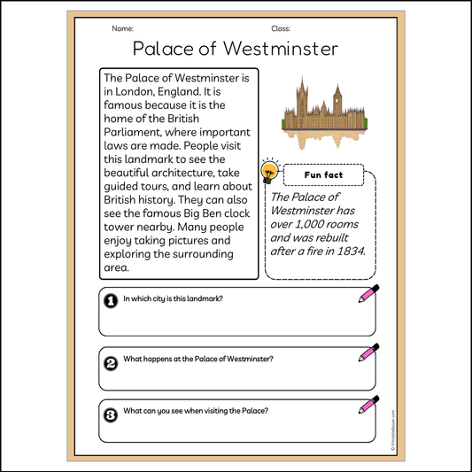 Palace of Westminster | Reading Passage Comprehension Questions Writing Facts Worksheet