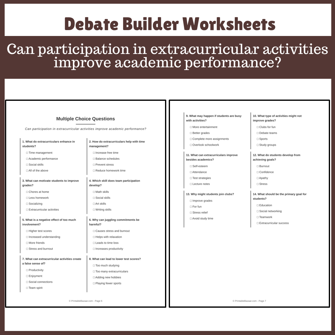 Can participation in extracurricular activities improve academic performance? | Favour and Against Worksheet Printable Activity