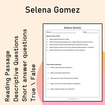 Selena Gomez | Reading Comprehension Passage Printable Activity