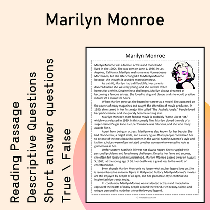Marilyn Monroe | Reading Comprehension Passage Printable Activity
