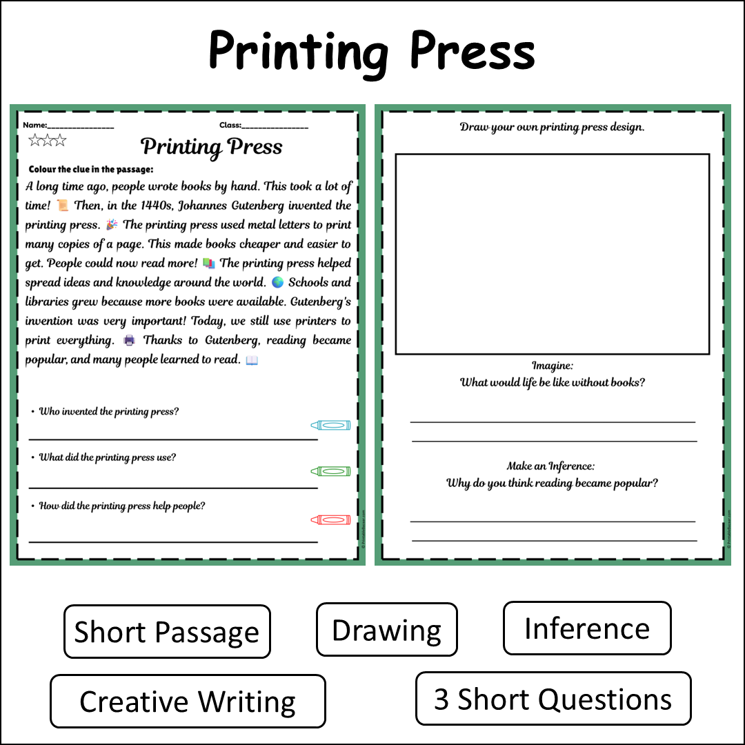 Printing Press | Short Reading Comprehension Creative Worksheet