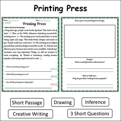 Printing Press | Short Reading Comprehension Creative Worksheet