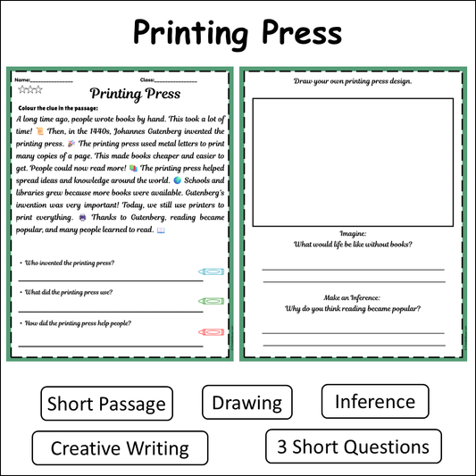 Printing Press | Short Reading Comprehension Creative Worksheet