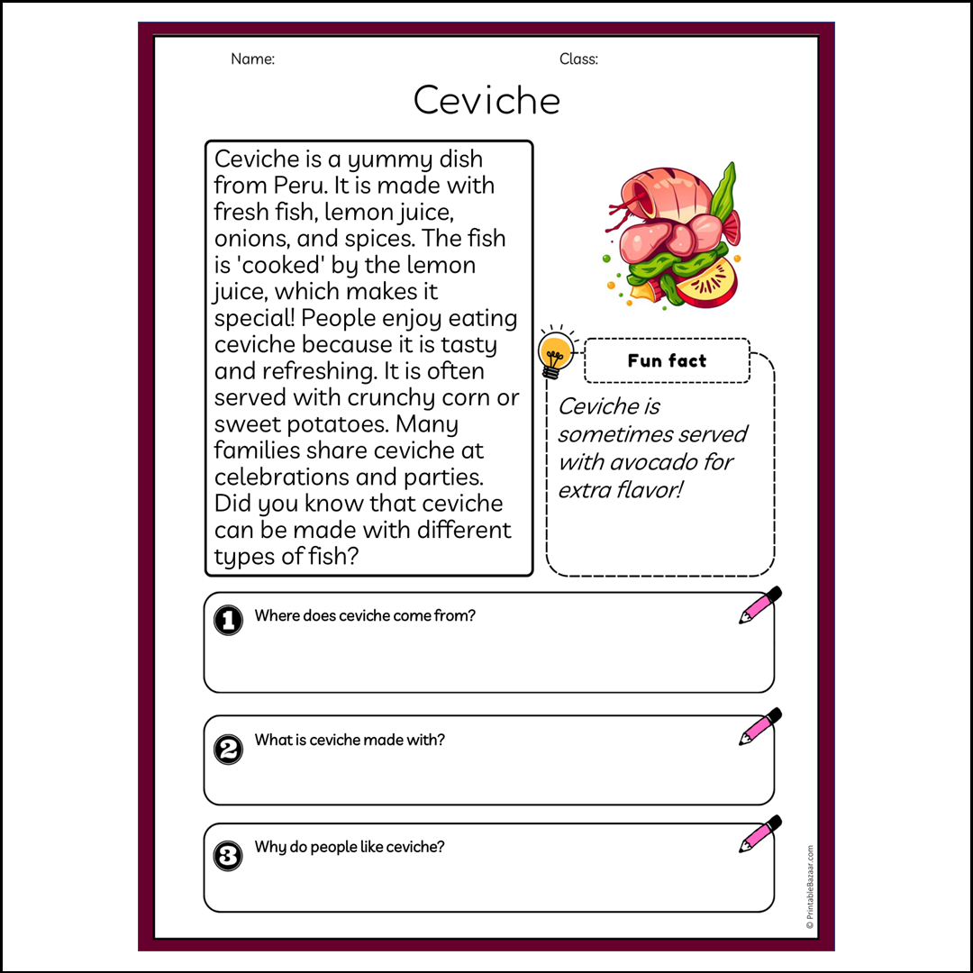 Ceviche | Reading Passage Comprehension Questions Writing Facts Worksheet